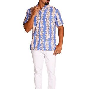 Men's Blue and Cream Patterned Shirt Size Large